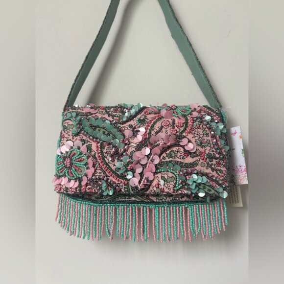 Viral Beaded Paisley Fringe Pink and Green Made in India Shoulder Bag - Picture 3 of 6